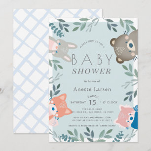 Woodland Animals Greenery Blue Boy Baby Shower Invitation