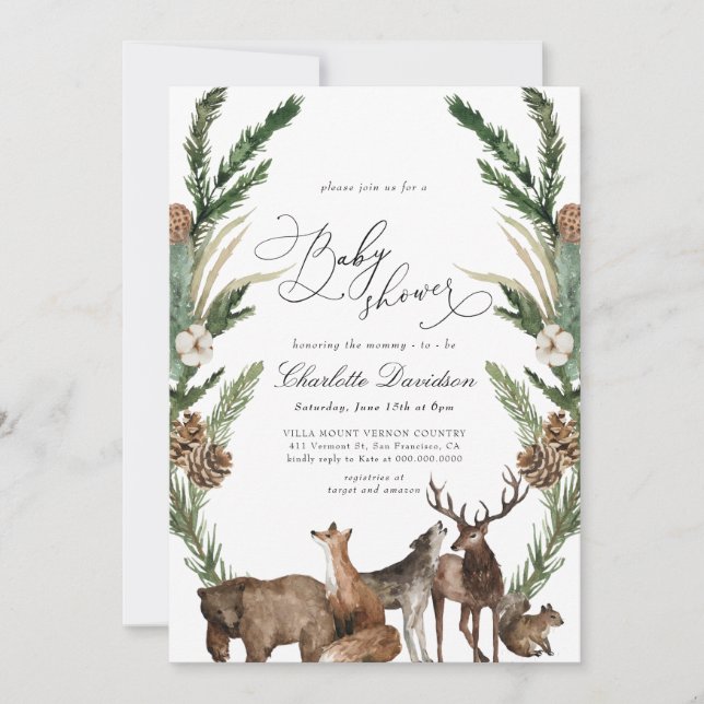 Woodland Animals Greenery Boy Baby Shower Invitation (Front)