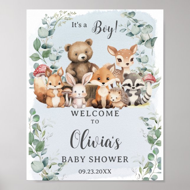 Woodland Animals Greenery Boy Baby Shower Welcome Poster (Front)
