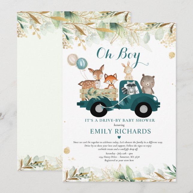 Woodland Animals Greenery Drive By Baby Shower Invitation (Front/Back)