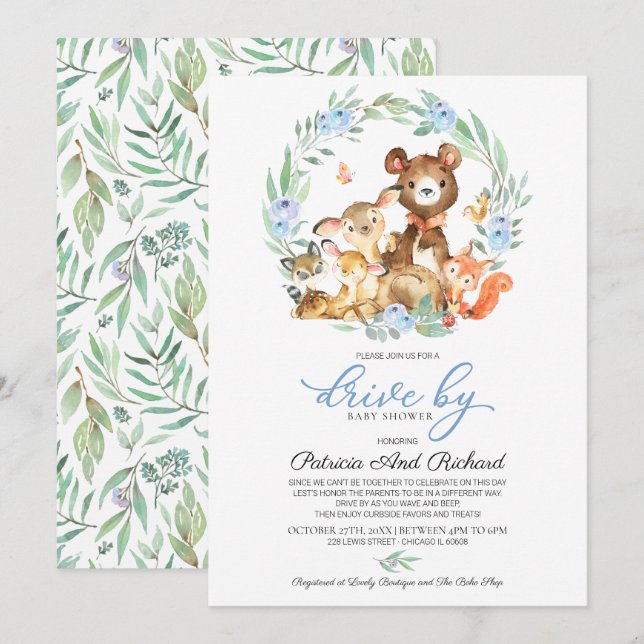Woodland Animals Greenery Drive By Baby Shower Invitation (Front/Back)