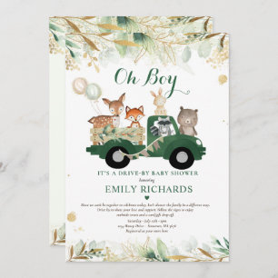 Woodland Animals Greenery Drive By Baby Shower Invitation