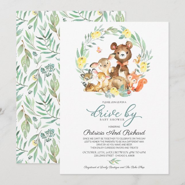 Woodland Animals Greenery Drive By Baby Shower Invitation (Front/Back)