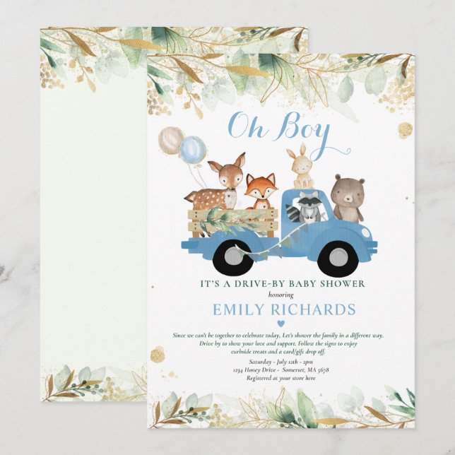 Woodland Animals Greenery Drive By Baby Shower Invitation (Front/Back)