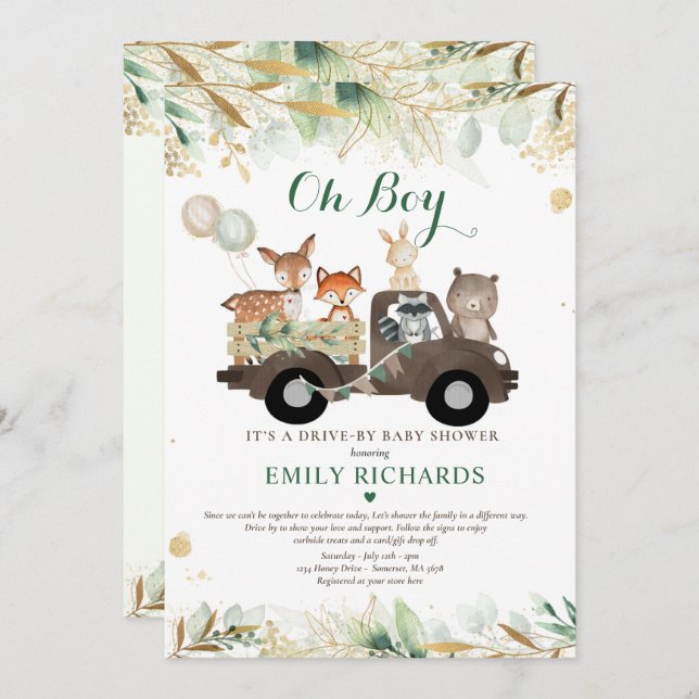 Woodland Animals Greenery Drive By Baby Shower Invitation (Front/Back)