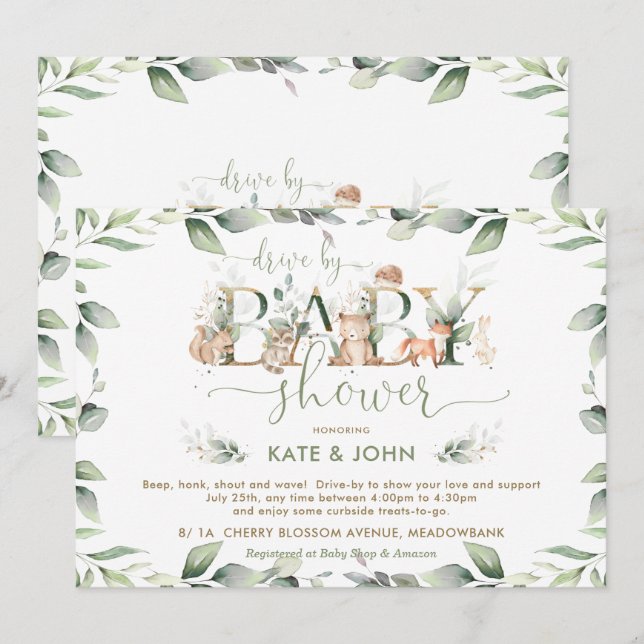 Woodland Animals Greenery Drive By Baby Shower Invitation (Front/Back)