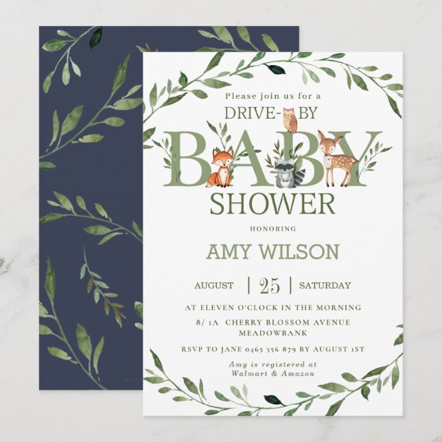 Woodland Animals Greenery Drive By Baby Shower Invitation (Front/Back)