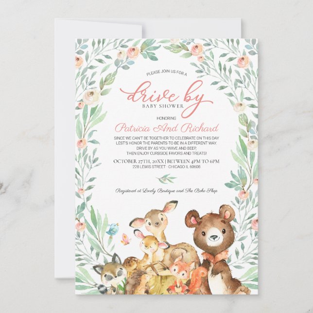 Woodland Animals Greenery Drive By Baby Shower Invitation (Front)