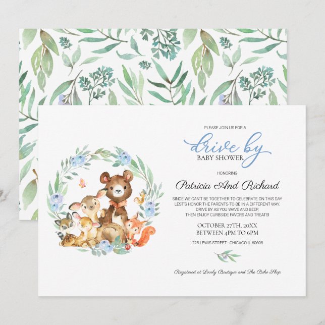Woodland Animals Greenery Drive By Baby Shower Invitation (Front/Back)