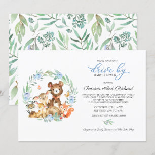 Woodland Animals Greenery Drive By Baby Shower Invitation