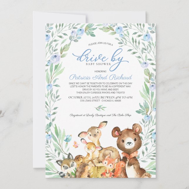 Woodland Animals Greenery Drive By Baby Shower Invitation (Front)