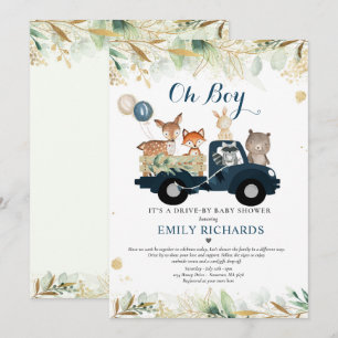 Woodland Animals Greenery Drive By Baby Shower Invitation