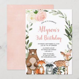 Woodland animals greenery floral girls birthday invitation