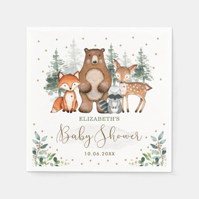 Woodland Animals Greenery Forest Baby Shower Napkin (Front)