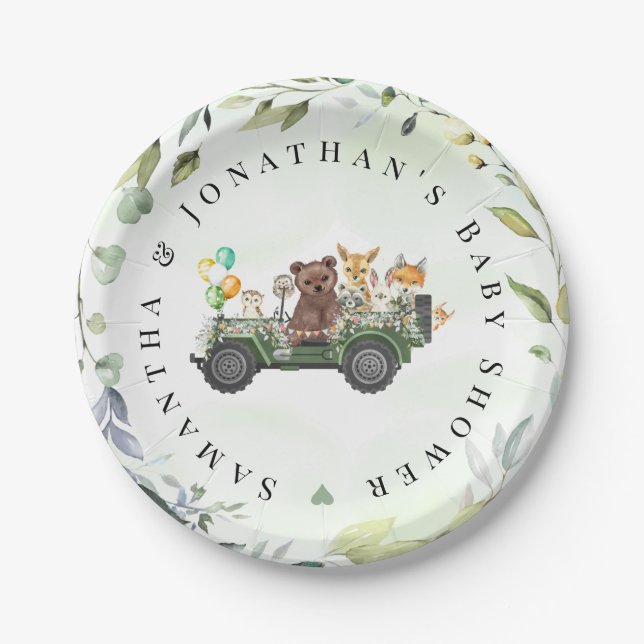 Woodland Animals Greenery Forest Baby Shower Paper Plate (Front)