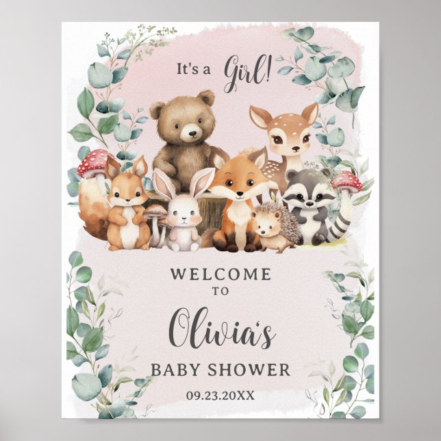 Woodland Animals Greenery Girl Baby Shower Welcome Poster (Front)