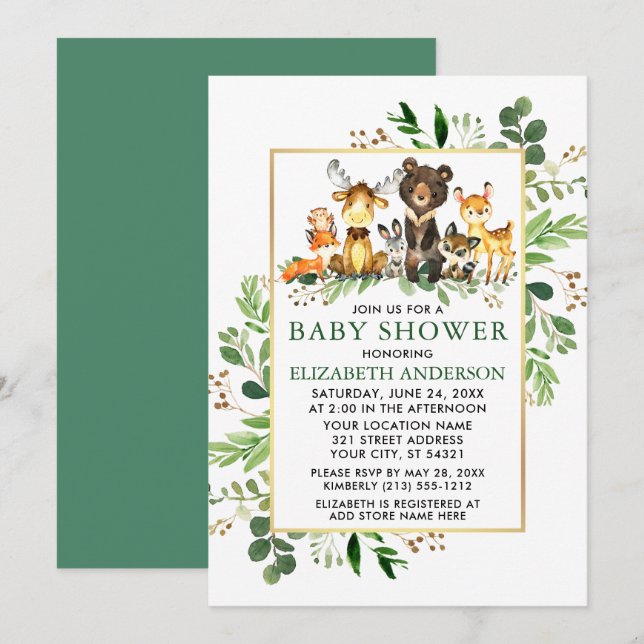 Woodland Animals Greenery Gold Frame Baby Shower Invitation (Front/Back)