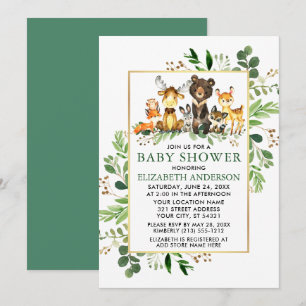 Woodland Animals Greenery Gold Frame Baby Shower Invitation