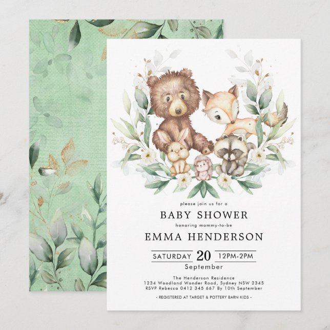 Woodland Animals Greenery Gold Neutral Baby Shower Invitation (Front/Back)