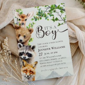 Woodland Animals Greenery It’s a Boy Baby Shower Invitation