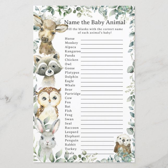 Woodland Animals Greenery Name Baby Animal Game (Front)