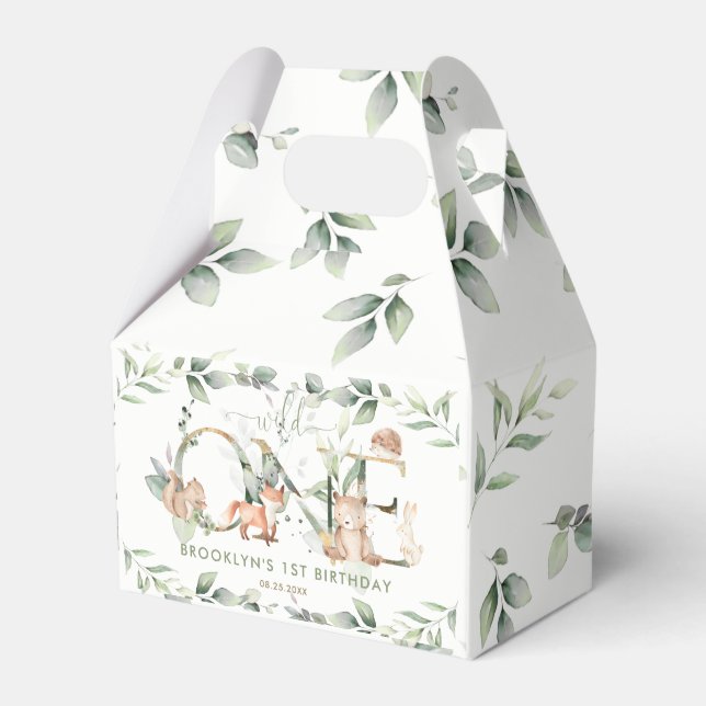 Woodland Animals Greenery Neutral 1st Birthday Favour Box (Front Side)