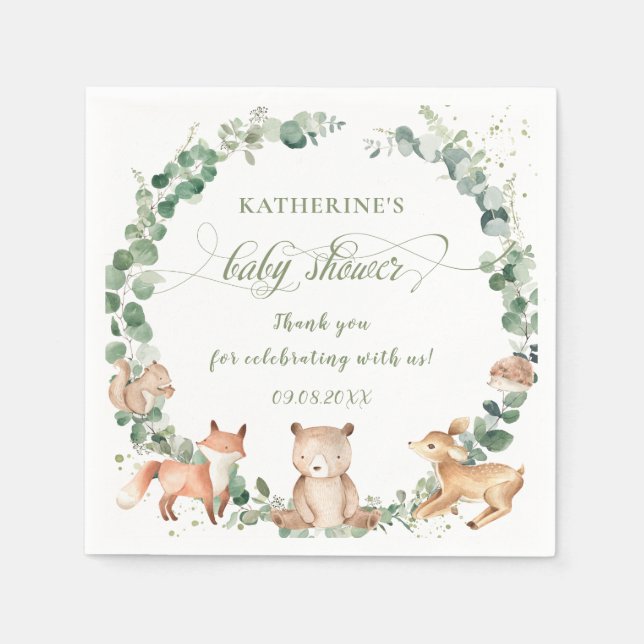 Woodland Animals Greenery Neutral Baby Shower  Napkin (Front)