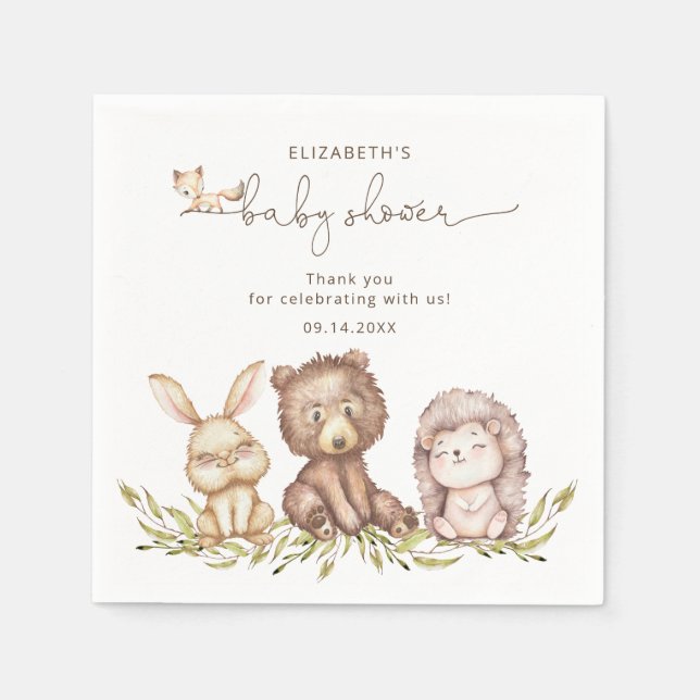 Woodland Animals Greenery Neutral Baby Shower Napkin (Front)