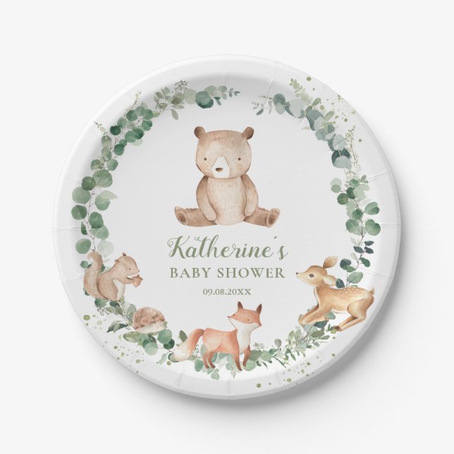 Woodland Animals Greenery Neutral Baby Shower   Paper Plate (Front)