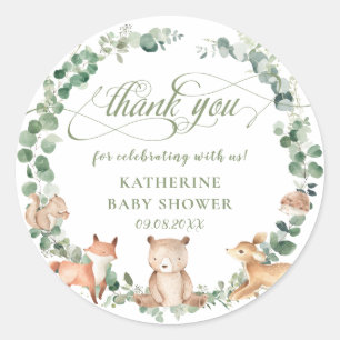 Woodland Animals Greenery Neutral Thank You Favour Classic Round Sticker