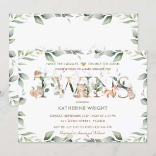 Woodland Animals Greenery Twin Neutral Baby Shower Invitation
