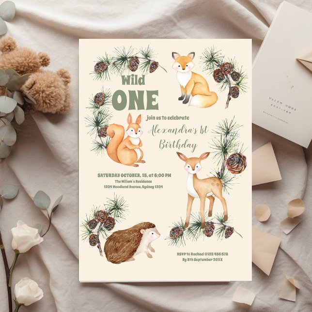 Woodland Animals Greenery Wild One 1st Birthday Invitation (Creator Uploaded)
