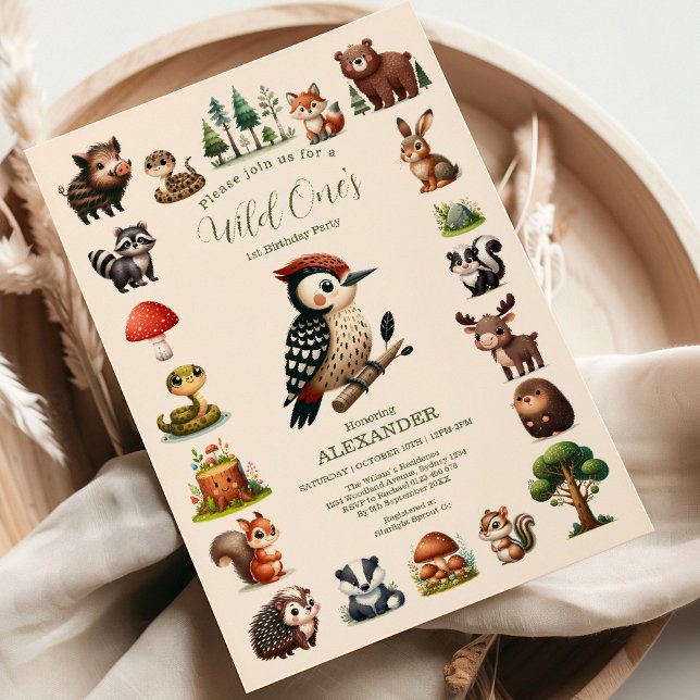 Woodland Animals Greenery Wild One 1st Birthday Invitation (Creator Uploaded)