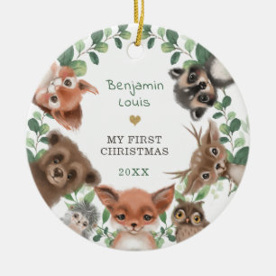 Woodland Animals Greenery Wreath 1st Christmas Cer Ceramic Tree Decoration