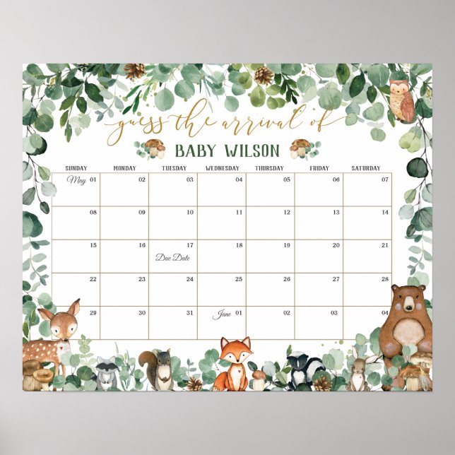 Woodland Animals Guess Baby's Arrival Birth Game  Poster (Front)