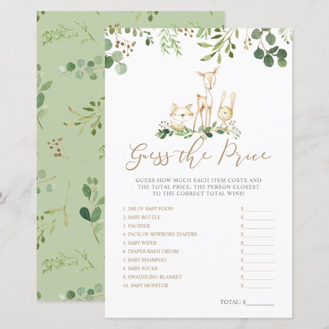 Woodland Animals Guess the Price Baby Shower Game (Front/Back)