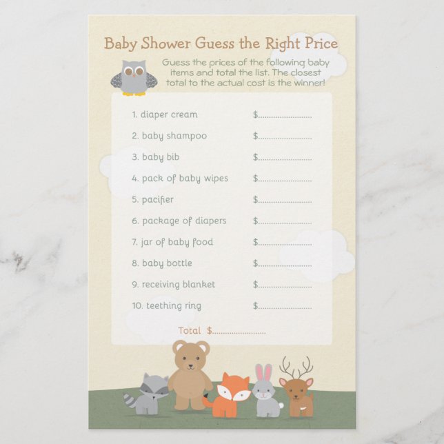 Woodland Animals Guess the Price Baby Shower Game Flyer (Front)