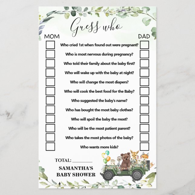 Woodland Animals Guess Who Baby Shower Game Card (Front)