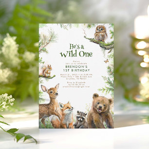 Woodland Animals He's a Wild One 1st Birthday Invitation