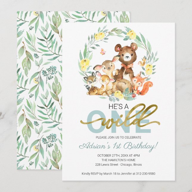 Woodland Animals He's A Wild One First Birthday In Invitation (Front/Back)