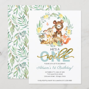 Woodland Animals He's A Wild One First Birthday In Invitation