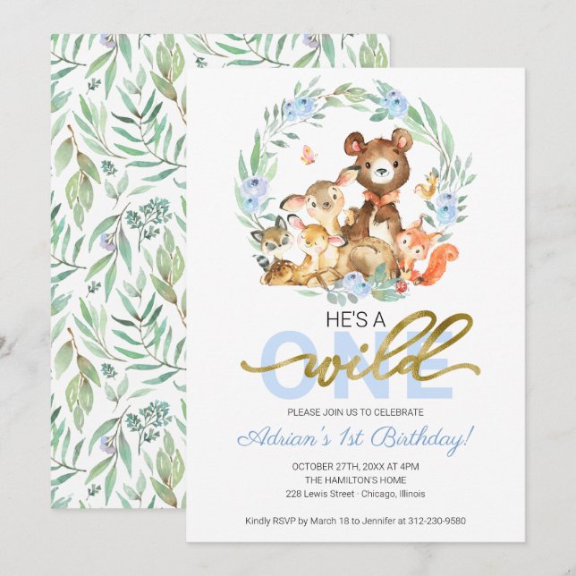 Woodland Animals He's A Wild One First Birthday Invitation (Front/Back)