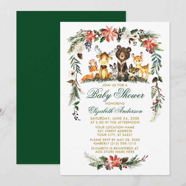 Woodland Animals Holiday Baby Shower Green Gold Invitation (Front/Back)