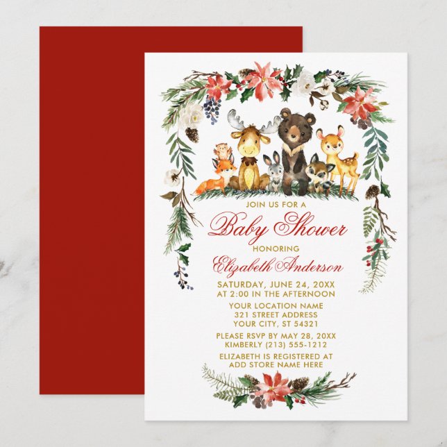 Woodland Animals Holiday Baby Shower Red Gold Invitation (Front/Back)