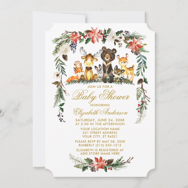 Woodland Animals Holiday Gold Baby Shower Invitation (Front)