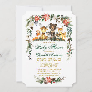 Woodland Animals Holiday Green Gold Baby Shower Invitation