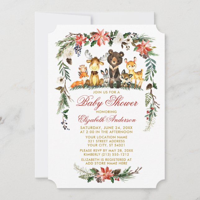 Woodland Animals Holiday Red Gold Baby Shower Invitation (Front)