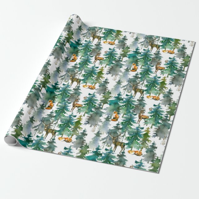 Woodland Animals in Forest Watercolor Pattern Wrapping Paper (Unrolled)