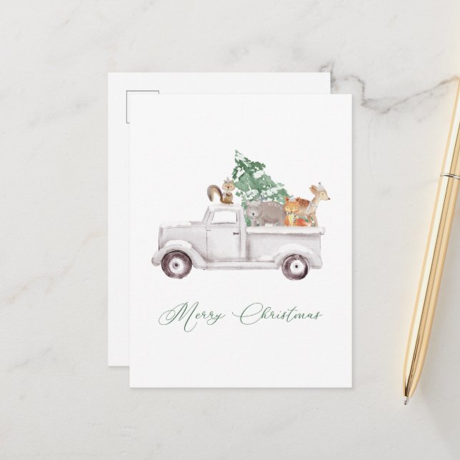 Woodland Animals in White Truck Holiday Postcard (Front/Back In Situ)