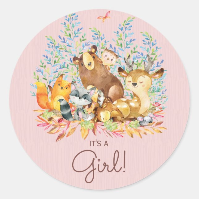 Woodland Animals It' a Girl Favour Sticker (Front)